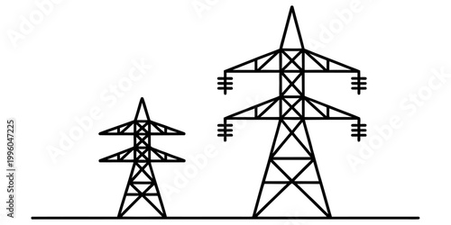 A simple black and white line art illustration showing two different sizes of metal electrical transmission towers. Vector, illustration