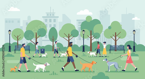 Diverse people walking dogs in a sunny urban park with city skyline background