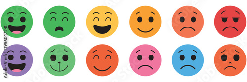 Emoticons icon set, emoji face collection, flat and line style smiley icons, happy, neutral, sad and angry expressions, clean vector design elements for messaging apps, websites, and user experience f
