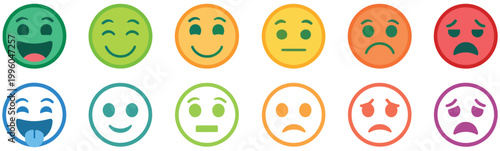

Emoticons icon set, emoji faces collection, flat style smiley icons, happy, smile, neutral, sad and angry expressions, line smiley faces, modern vector design for apps, chats, and user interface fee