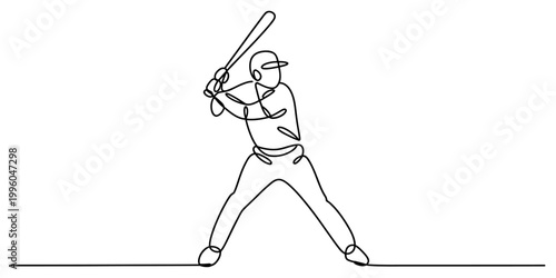 A continuous line drawing of a baseball player holding a bat and standing in a ready stance on a white ground. Vector, illustration
