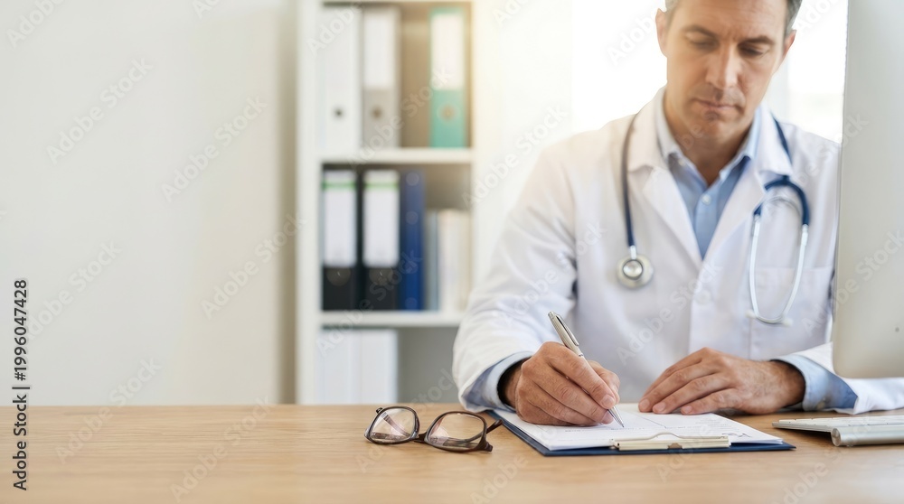 Obraz premium Doctor writing on clipboard in office with stethoscope and glasses