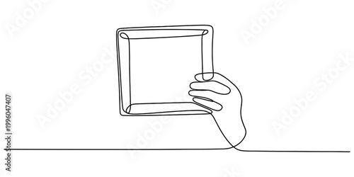 A single continuous line drawing of a human hand holding a blank square picture frame against a white background. Vector, illustration