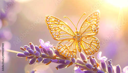 Golden butterfly resting on lavender blossoms