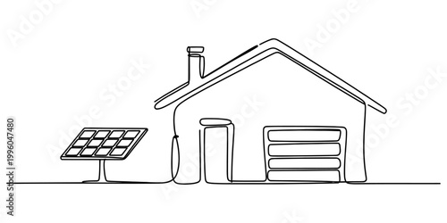 A single continuous line drawing of a suburban house connected to a solar panel to illustrate renewable energy use. Vector, illustration