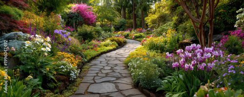 Beautiful garden pathway with colorful flowers and lush greenery creating peaceful and vibrant outdoor scene