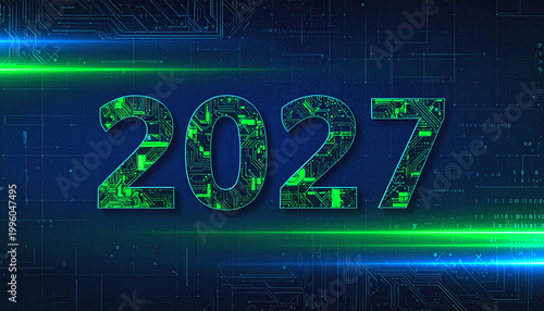 Futuristic digital illustration of the year 2027