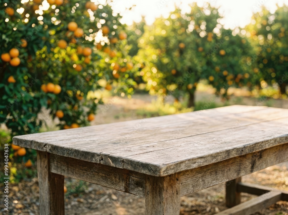 Fototapeta premium Rustic wooden table in a sun-drenched orange grove