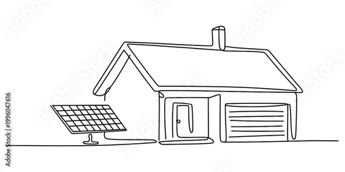 Continuous line drawing of a modern suburban house with a solar panel array installed on the side of the home. Vector, illustration