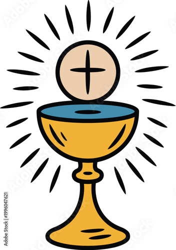 Golden chalice with host and rays, holy communion symbol, vector illustration for Christian sacrament, Eucharist celebration and religious ceremony design elements.