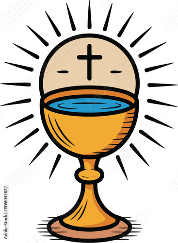 Golden chalice with host and rays, holy communion symbol, vector illustration for Christian sacrament, Eucharist celebration and religious ceremony design elements.