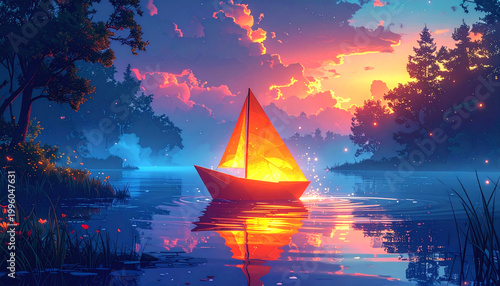 A vibrant sailboat reflects a stunning sunset over water