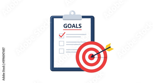 Flat lay illustration of a clipboard with goals checklist and a dartboard with an arrow hitting the bullseye on a white background