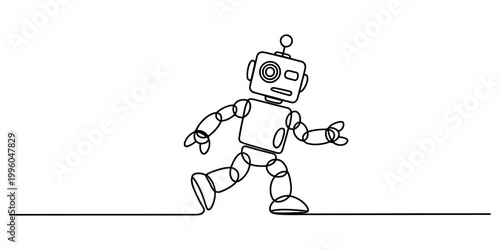 A single continuous black line drawing showing a cute little robot walking forward on a plain white background. Vector, illustration