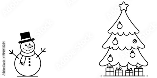 A black and white line art illustration showing a cute smiling snowman next to a decorated christmas tree here Vector, illustration