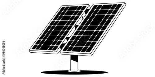 A simple black and white line drawing of two solar panels mounted on a single pole for clean energy generation. Vector, illustration
