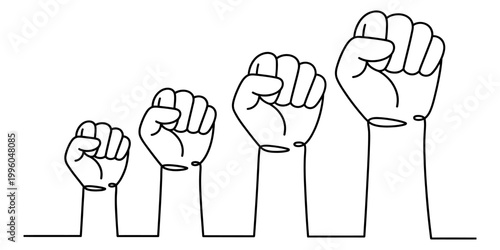 A line art drawing showing four fists of different sizes held up in the air symbolizing power and resistance now. Vector, illustration