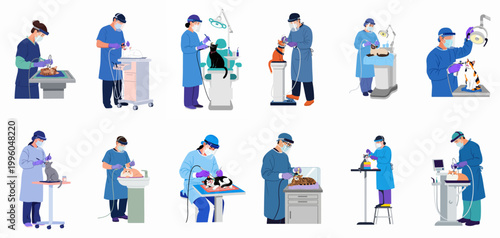 Collection of flat illustrations showing veterinary professionals performing dental care and checkups on various cats, using specialized medical equipment and wearing protective gear.