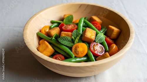 Fresh vegetable salad in a wooden bowl on table