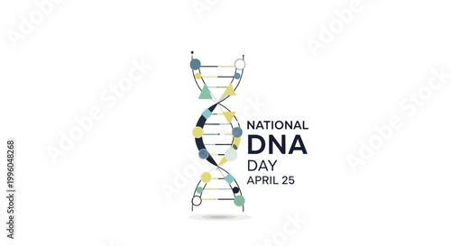 On a clean white backdrop, a vector illustration commemorates National DNA Day with a stylized DNA helix structure, rendered with a science and technology aesthetic, and conveying a modern