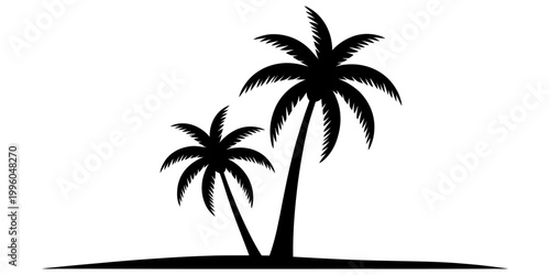 A beautiful black and white graphic illustration featuring two elegant palm trees standing on a small tropical hill Vector, illustration