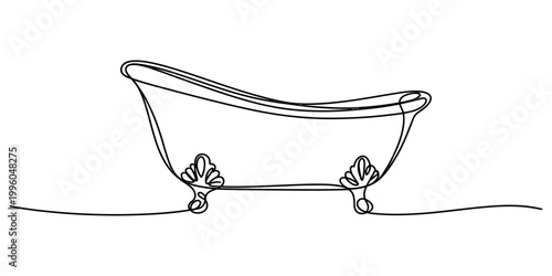 Minimalist continuous single line drawing of an elegant vintage clawfoot bathtub isolated on a plain white background. Vector, illustration