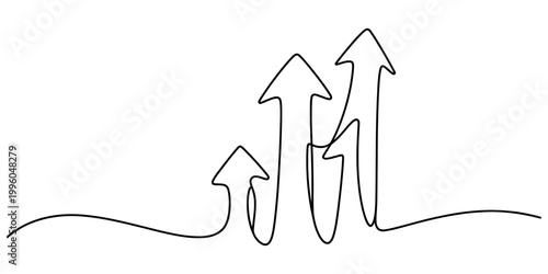 A single continuous line drawing of three upward pointing arrows representing growth and success in business icon Vector, illustration
