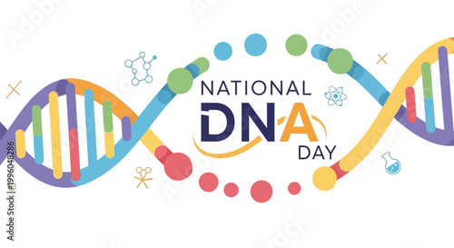 A colorful vector illustration celebrates National DNA Day, showcasing a vibrant DNA helix structure surrounded by genetic science symbols against a clean white background