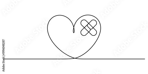 Continuous line art of a single heart shape featuring a small adhesive bandage placed over the side of the form. Vector, illustration