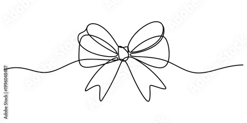 A single continuous line drawing featuring a decorative bow tied with ribbon in a minimalist style for holidays. Vector, illustration