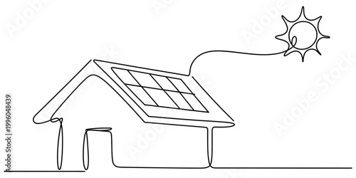 A minimal continuous line drawing illustration of a house with solar panels connected to a shining bright sun. Vector, illustration