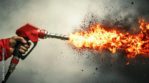 Gasoline nozzle with fire flame and sparks, dangerous fuel ignition in hand, intense burning energy and explosion risk