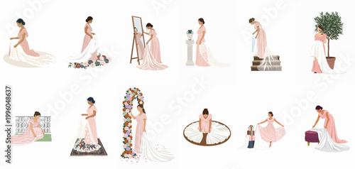 Collection of elegant bridal illustrations featuring a woman in a pink dress with a lace veil in various romantic and wedding-themed settings.