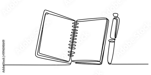 A single continuous line drawing of an open spiral notebook with a pen sitting next to it on a white background Vector, illustration