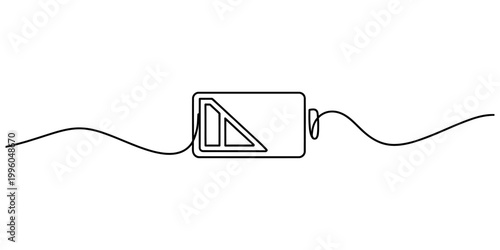 A single continuous line drawing of a battery icon with low power level isolated on a simple white background. Vector, illustration