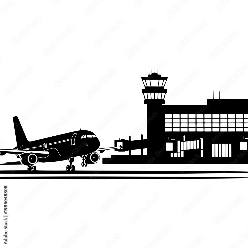 Fototapeta premium Commercial airplane taxiing on runway near airport control tower at dusk