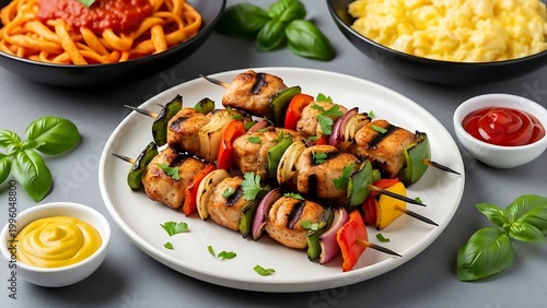 Grilled Chicken and Vegetable Skewers with Dipping Sauces
