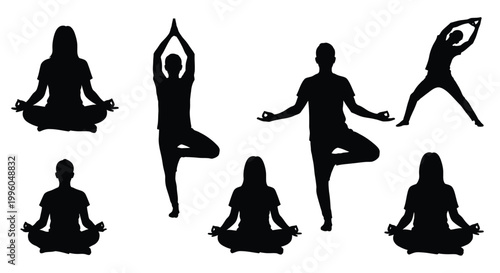 Set of human silhouettes doing yoga poses and meditation exercises for wellness life.