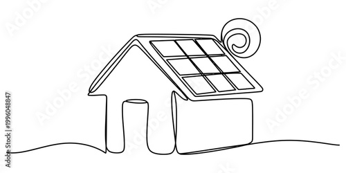 A single continuous line drawing of a small house with solar panels on the roof and a sun icon in the background. Vector, illustration