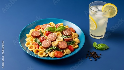 Delicious pasta dish with sausage and refreshing lemonade drink