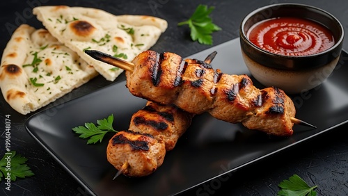 Grilled Chicken Skewers with Naan Bread and Dipping Sauce