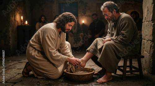 Jesus washing the feet of Apostle Peter. Biblical scene of humility and service. Historical religious depiction in a dimly lit room