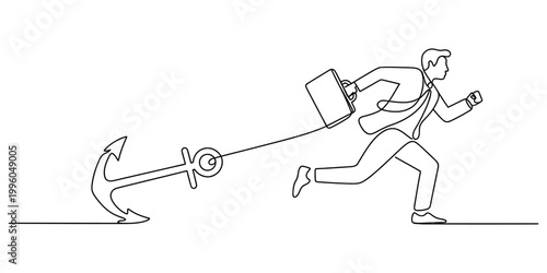 A businessman running with a heavy anchor attached to his briefcase representing the burden of work challenges. Vector, illustration