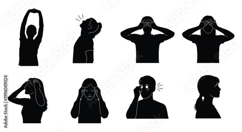 People experiencing headaches and eye strain with stress symptoms silhouette icons.