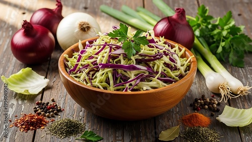 Fresh Vegetable Salad in a Wooden Bowl on a Table
