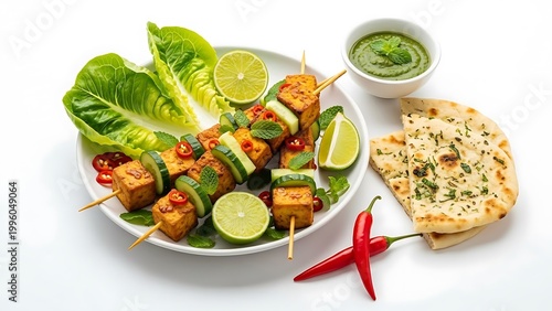 Delicious Indian paneer tikka skewers with naan and chutney