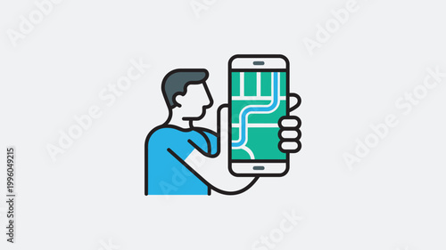 A man using a smartphone to navigate with a map on the screen