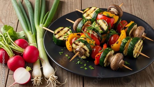 Colorful vegetable skewers on a plate with fresh ingredients