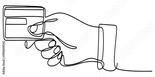 A single continuous line drawing of a hand holding a credit card representing digital payment and financial theme Vector, illustration