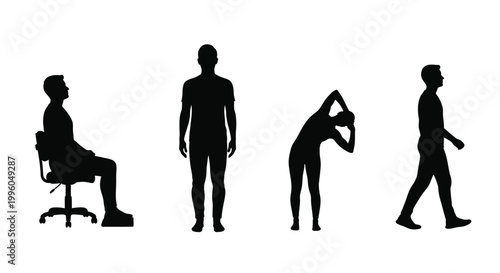 People in various poses sitting, standing, stretching, and walking for design elements.